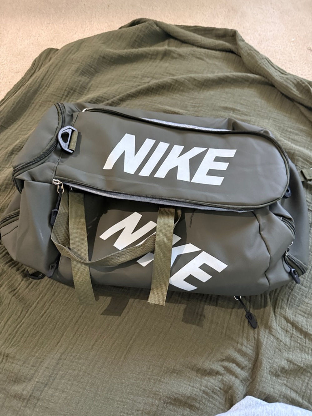 Nike Olive Duffel Bag with White Logo